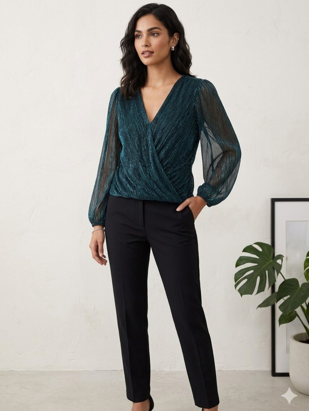 TAMARA H. SHIMMERY WRAP BLOUSE SIZE XL TEAL SHEER SLEEVES ELEGANT TOP